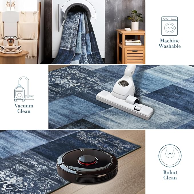 Tepook 9x12 Blue Area Rugs for Living Room, Modern Large Geometric Rug for Bedroom, Washable Patchwork Rug Indoor Non Slip Throw Carpets for Dining Room Office Farmhouse Home Decor