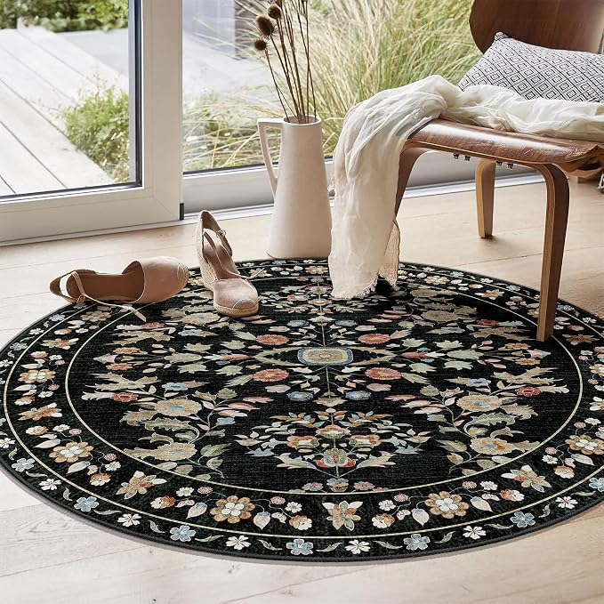 MUJOO Circle Rug 4ft,Black Round Area Rug Washable,Circular Rugs for Bedroom Entryway Bathroom Living Room,Small Boho Non Slip Throw Carpet Vintage Floral