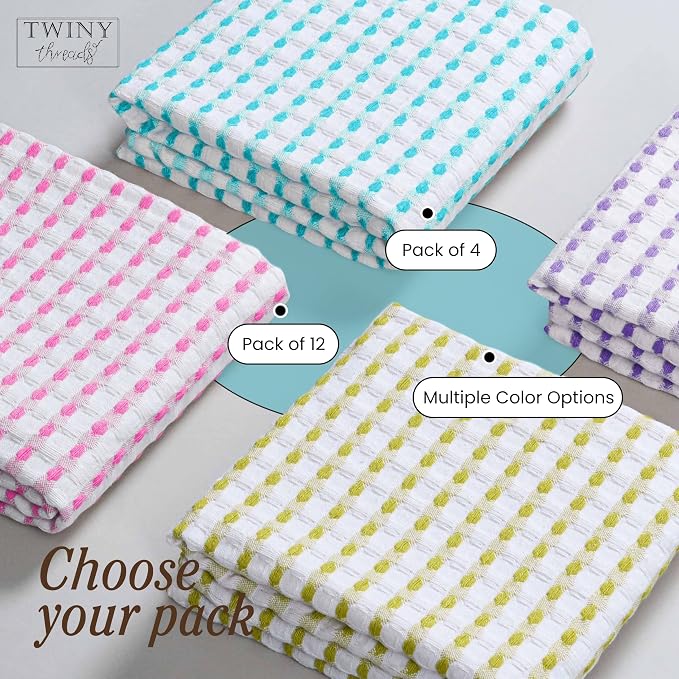 TWINY threads Multicolors White Waffle Towels 4 Pack, 16x26 Inches Absorbent Waffle Weave Kitchen Dish Cloth Set, Soft, Durable & Machine Washable Tea Towel, Rose Pink, Aqua Blue, Lavender, Green