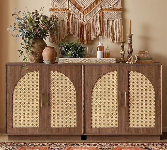 FORTUNETEC Sideboard Buffet Cabinet with Storage Set of 2, Modern Accent Cabinet with Rattan Arched Doors, Modular Media Console, Boho Credenza for Living Room Kitchen Dining Room Entryway, Walnut