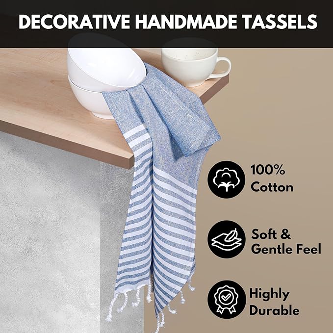Turkish Kitchen Towels 18x26 Inches with Tassels - 4 Pack - Absorbent, Durable, Soft 100% Cotton Dish Towels for Drying & Cleaning - Machine Washable, Quick Dry - Indigo Blue
