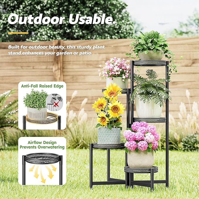 5 Tiered Tall Plant Stand Indoor Outdoor, Metral Plant Shelf for Corner Display Rack, Multi-Tier Folding Planter Pot Holder Flower Stand for Living Room Balcony Garden Patio - BlackS