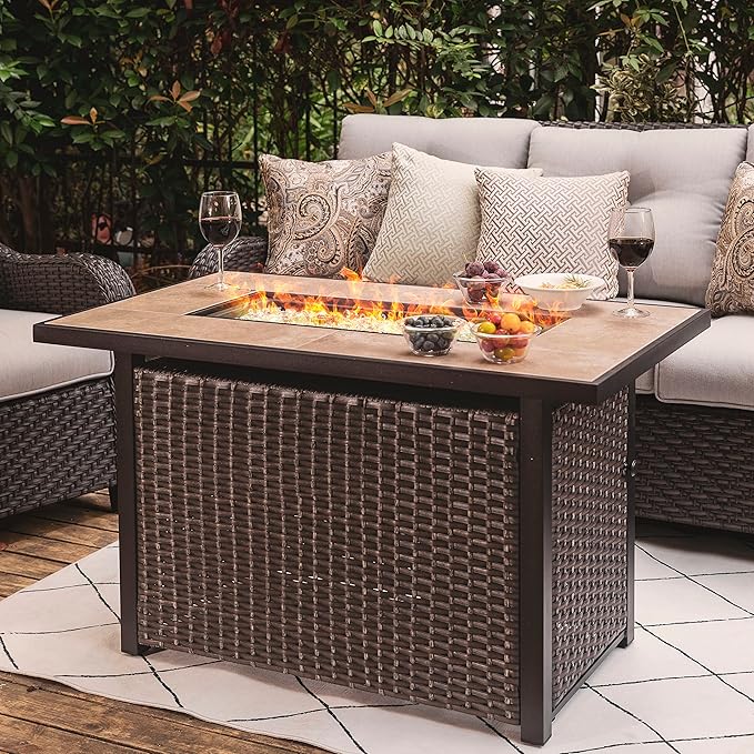 Nuu Garden Propane Fire Pit Table, CSA Certified 43 Inch 50,000 BTU Outdoor Gas Fire Pit Table with Ceramic Tabletop, 7 lbs Glass Stone and Oxford Cover, Dark Brown and Coffee