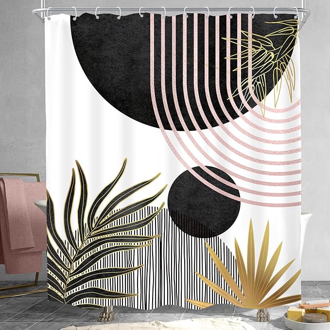 KOMLLEX Mid Century Black Pink Boho Shower Curtain for Bathroom Decor Abstract Modern Sun Minimalist Aesthetic Arch Curve Leaves Geometric Neutral Fabric Waterproof Polyester 12 Pack Hooks 60Wx71L