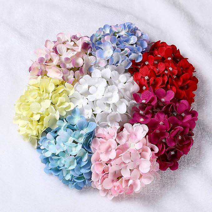 Silk Hydrangea Heads with Stems Artificial Flowers Heads for Home Wedding Decor,Pack of 10 (Light Purple)