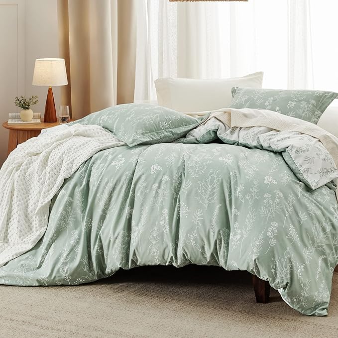 Bedsure Full Comforter Set - Sage Green Bed Set, 3 Pieces Cute Floral Bedding, 1 Soft Reversible Botanical Flowers Comforter and 2 Pillow Shams