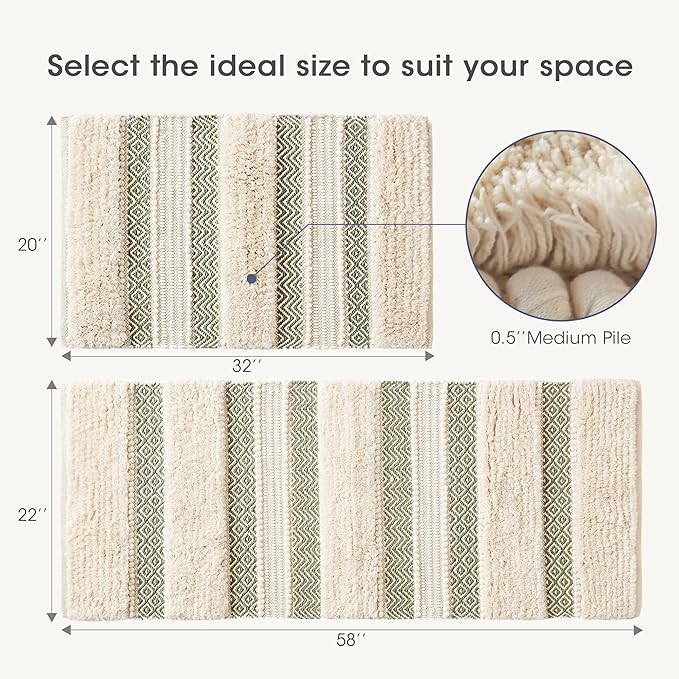 Ink+Ivy Bath Rug Hand-Woven Texture Shaggy Striped Soft & Water Absorbent, Boho Bathroom Décor Bath-Mats, Non-Slip Absorbent Quick Dry Mats for Tub, Shower Room, Asher, 22x58, Sage Green 1 Piece