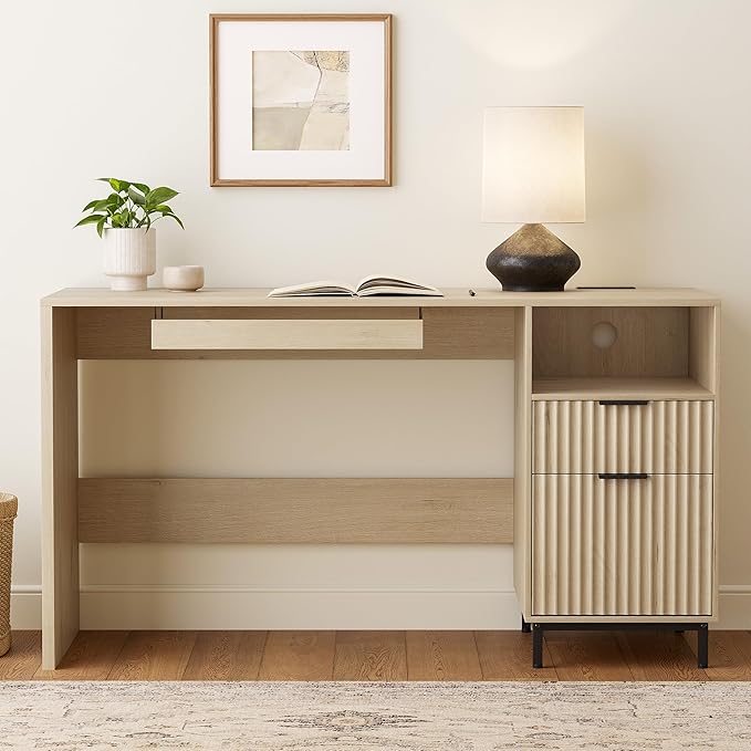 Fluted Executive Desk, 55" Modern Wood Home Office Desk with Charging Station, File Drawer, Open Storage, Computer Writing Desk for Work Study Writing, Light Oak