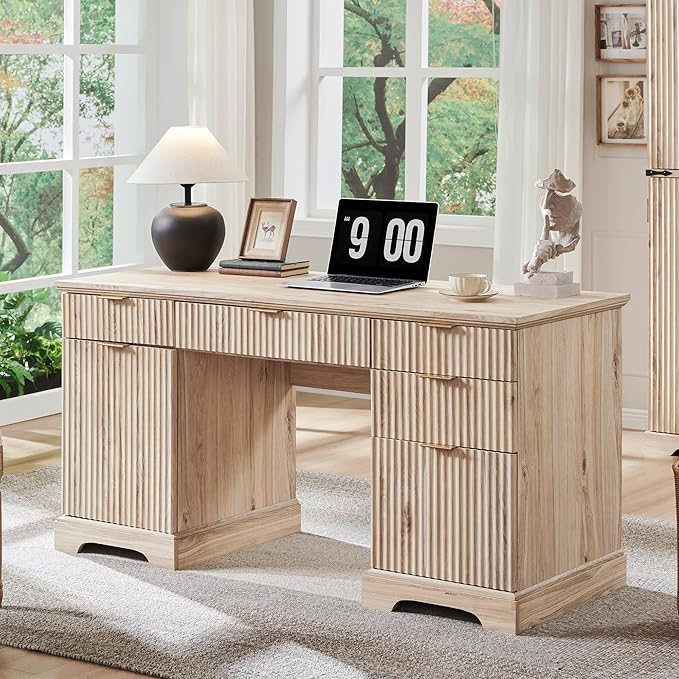 JXQTLINGMU 58" Modern Executive Desk with Storage, Wood Home Office Desk with 5 Drawers & 1 Cabinet, Fluted Computer Writing Desk for Study, Living Room, Bedroom, Oak