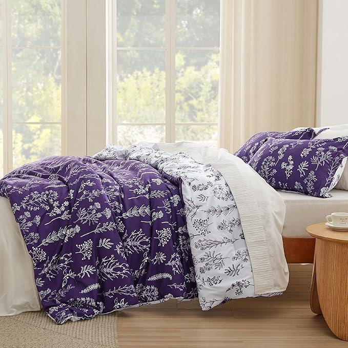 Bedsure King Comforter Set - Dark Purple Bed Set, 3 Pieces Cute Floral Bedding, 1 Soft Reversible Botanical Flowers Comforter and 2 Pillow Shams