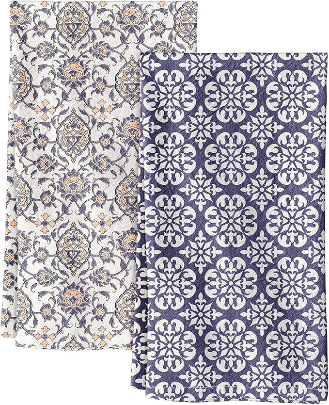 Miss Adola 2 Pack Flour Sack Kitchen Towels - 16x26 Inch Cotton Dish Towels with Hanging Loop Reusable Geometric Boho Modern Retro Tea Towel Absorbent Dishcloths Home Decor, Blue Boho Style