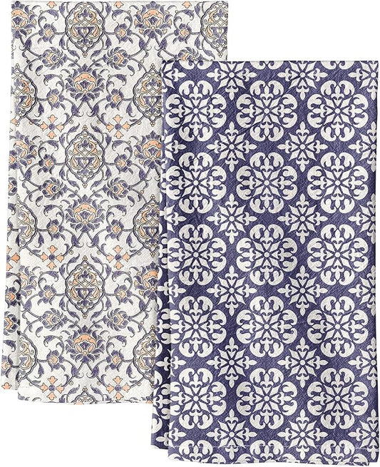 Miss Adola 2 Pack Flour Sack Kitchen Towels - 16x26 Inch Cotton Dish Towels with Hanging Loop Reusable Geometric Boho Modern Retro Tea Towel Absorbent Dishcloths Home Decor, Blue Boho Style