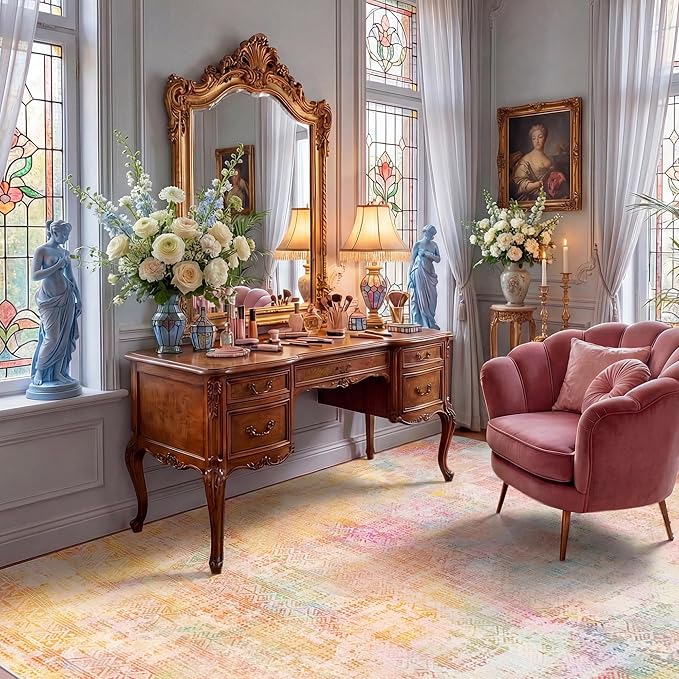 Kokia Abstract Area Rugs Washable Indoor 6x9 Rug Boho Distressed Retro Low Pile Non-Slip Non-Shedding Pink Orange Carpet Bedroom Living Room Dining Room, Oslo Sunrise