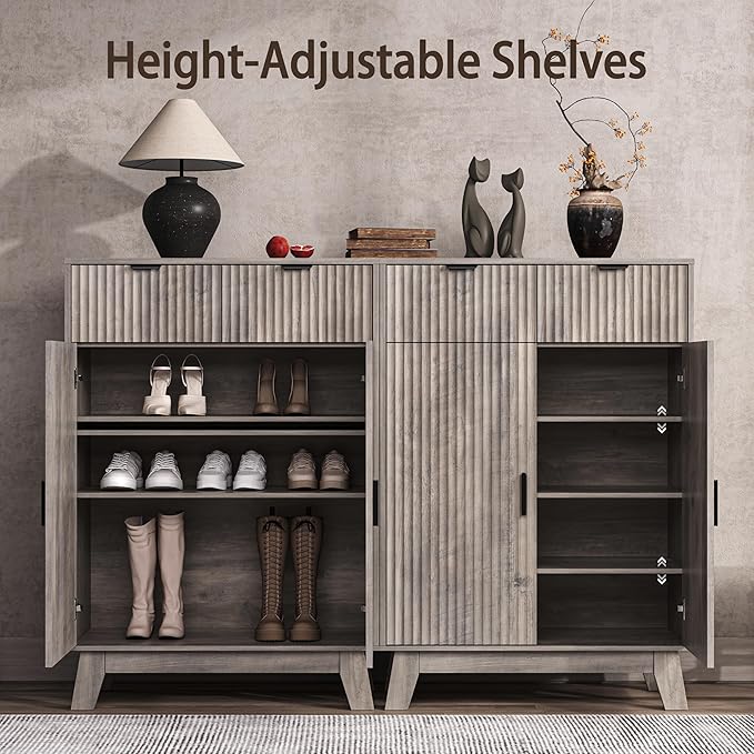 BOXACTION Fluted Shoe Cabinet, 4-Tier Mid Century Modern Narrow Shoe Storage Cabinet with Doors & 2 Drawers, Adjustable Shelves, Freestanding Hidden Shoe Rack Organizer & Wooden Legs for Entryway