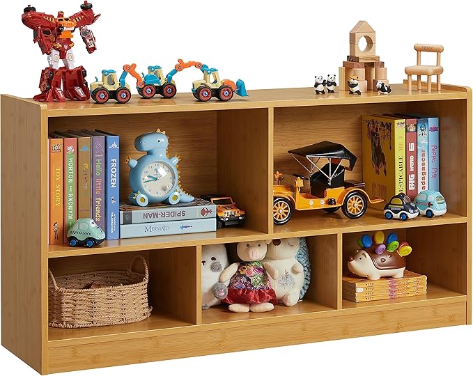 Kids Toy Storage Organizer, 5-Section Storage Cabinet for Organizing Books Toys, Wooden Bookshelf Daycare Furniture for School, Classroom Playroom, Nursery, Kindergarten (Natural)