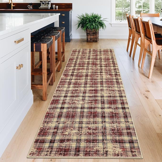 Tartan Plaid Runner Rug for Hallway 2.5x12 Kitchen Rugs Non Slip Washable Modern Entryway Rug Soft Bathroom Rugs Stain Resistant Carpet for Hallway Laundry Bedroom 2'6''x12' Red