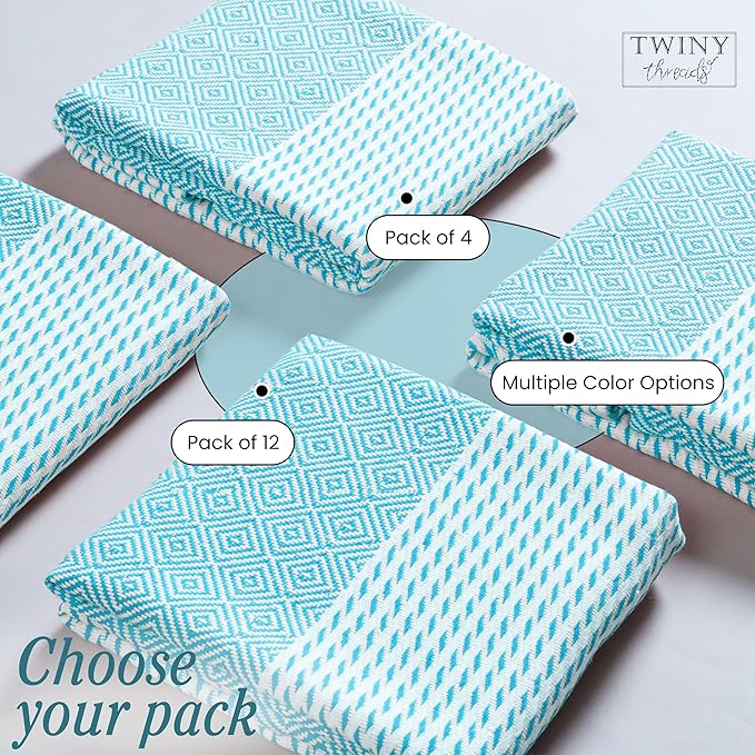 TWINY threads Kitchen Towel Diamond Design, Premium 100% Cotton Kitchen Linen Set, Large Dish Rags and Wash Rags, Absorbent Quick Drying, Washable Reusable, Pack of 4, 18"x26", Aqua Blue