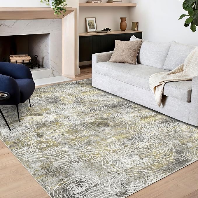 6x9 Area Rug, Ultra-Soft Washable Rug for Living Room, Dinner Room, Bedroom, Non-Slip Modern Abstract Rug, Indoor Carpet Large Area Rug, Mustard