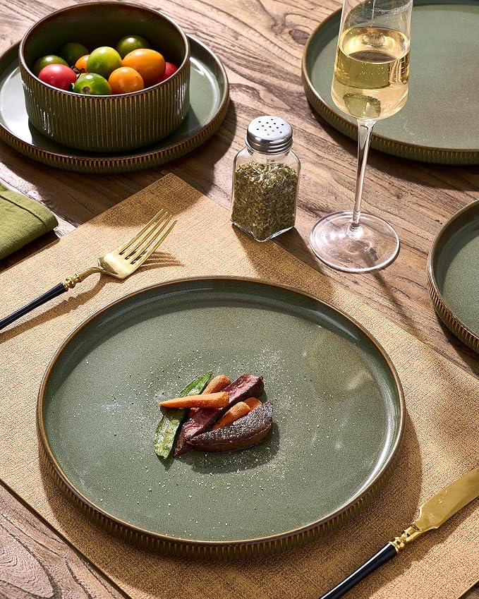 Stoneware Plates and Bowls Dishes Sets Service for 6 (18-Piece), Famiware Premium Handcrafted Reactive Glaze Dinnerware Set with Raised Rim, Scratch Resistant, Microwave Dishwasher Safe, Moss