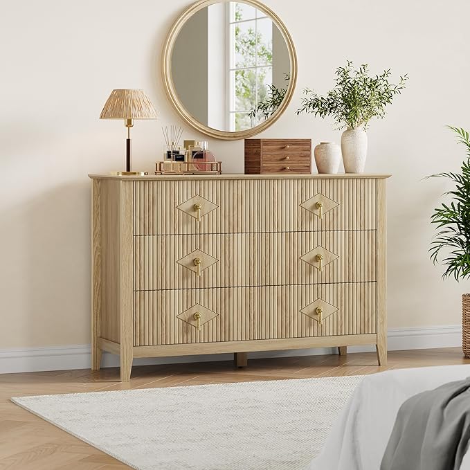GarveeHome Fluted Dresser for Bedroom, 47.2 Inch Wide 6-Drawer Wood Dresser, Modern Chest of Drawers, Storage Organizer Cabinet for Living Room, Hallway, Entryway, Natural Oak