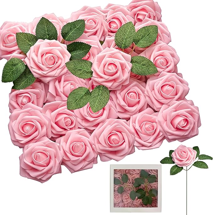 Blush Pink Artificial Roses 25pcs, Real Looking Fake Flowers with Stems for DIY Wedding Centerpieces, Bridal Shower, Party, Valentine's Day Gift, Home Decor