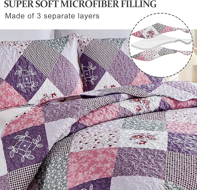 Dinjoy Purple Quilt Set Full Size, Reversible Floral Plaid Patchwork Pattern Bedding Set Soft Microfiber Lightweight Bedspread 3 Piece Spring Summer Fall Use (78x90 inches)