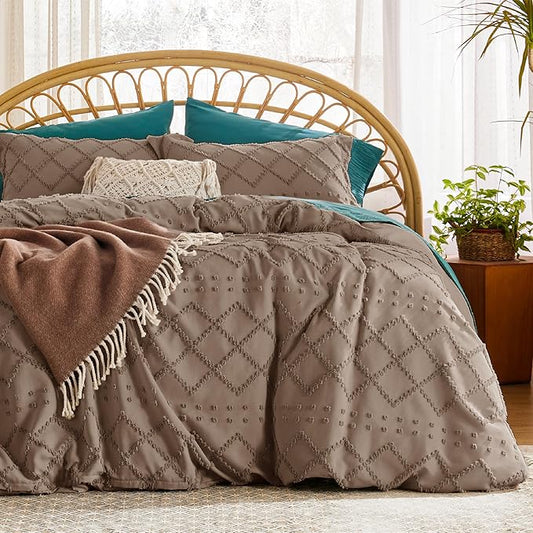 Bedsure Boho Duvet Cover Queen Size - Deep Khaki Breathable & Soft Boho Bedding, Machine Washable Comforter Cover for All Seasons, Includes 1 Duvet Cover 90"x90" with 2 Pillow Shams & Zipper Closure