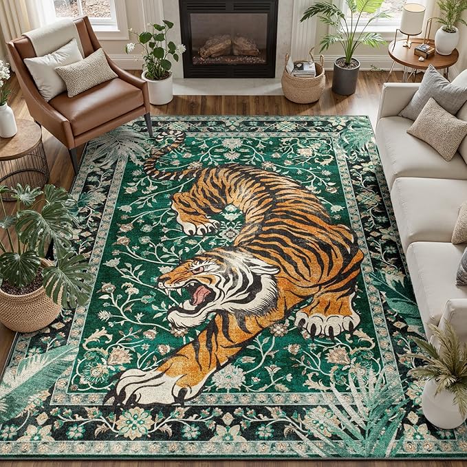 DCX Washable 5x7 Tiger Area Rug, Green Vintage Animal Rug for Living Room, Soft Low Pile Carpet, Kid & Pet Friendly with Rubber Back Non Slip, Tiger Rug for Bedroom Dining Room Office