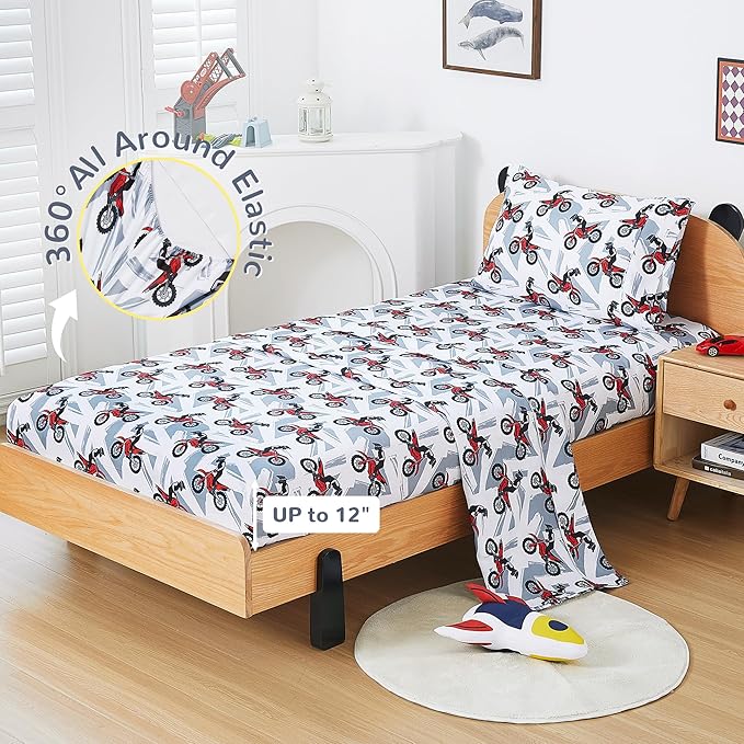 Viviland 4 Pieces Boys Grey Full Sheet Set - Soft Microfiber Fitted Flat Sheets & Pillowcase - Red Motorcycle Print Bedding Sets - for Kids & Toddlers