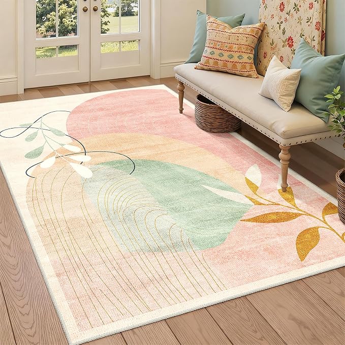 MUJOO 3x5 Washable Rugs,Boho Large Area Rug for Entryway Kitchen Entry Bedroom Bedside Foyer,Small Throw Carpet Indoor Non Slip Mid Century Modern Abstract Botanical Geometric Accent Pink