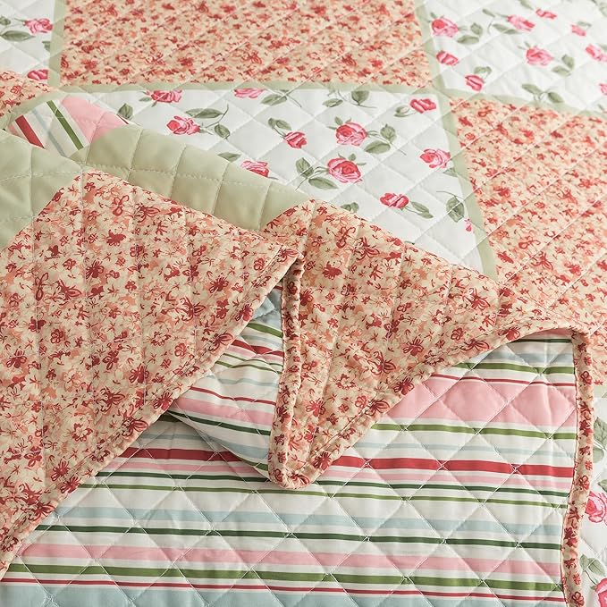 HoneiLife Queen Size Quilt Sets - Microfiber Quilt Set 3-Piece,Lightweight Bedspreads Reversible Coverlets Retro Bed Cover Floral Bedding Set, Queen Quilt Bedding Sets for All Season Use