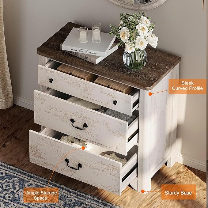Dresser for Bedroom with 3 Drawers, Rustic White Kids Dressers Wood Chest of Drawers with Curved Profile Design, Mid Century Modern Small Closet Storage Organizer for Nursery, Hallway, Living Room