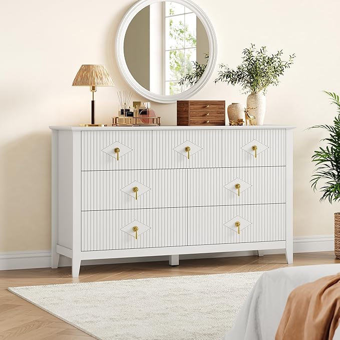 GarveeHome Fluted Dresser for Bedroom, 54 Inch Wide 7-Drawer Wood Dresser, Modern Chest of Drawers, Storage Organizer Cabinet for Living Room, Hallway, Entryway, White