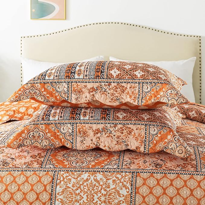 HoneiLife Vintage Quilt Sets Queen - 3 Pieces Microfiber Quilt Sets Lightweight Bedspreads Floral Coverlets Retro Bed Cover All Season Quilts-Pumpkin
