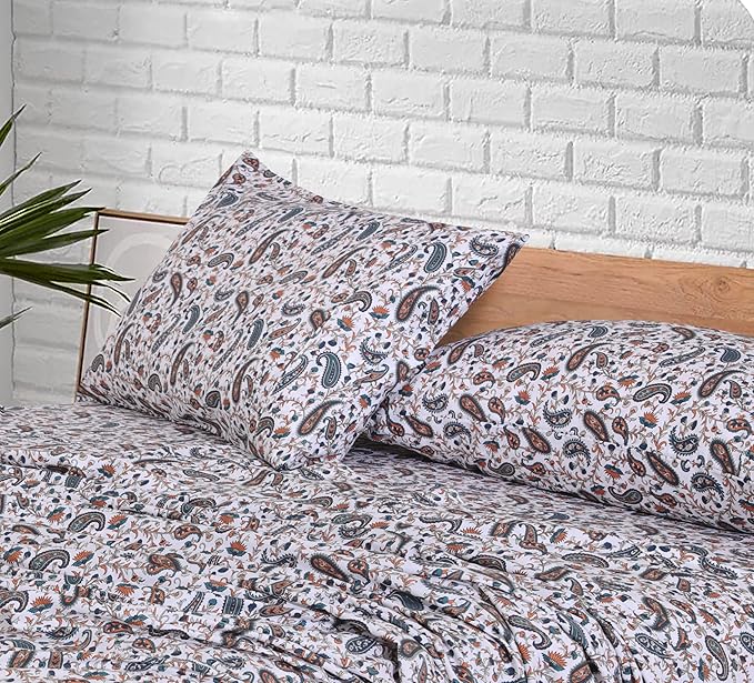 RUVANTI 100% Cotton Full Size Bed Sheets, 4 Pieces, Soft & Breathable Percale Weave Bedding, Deep Pocket 16", Hotel Standard, Crisp Cool Feel, Durable, Perfect Sheet Set Floral, Teal Paisley