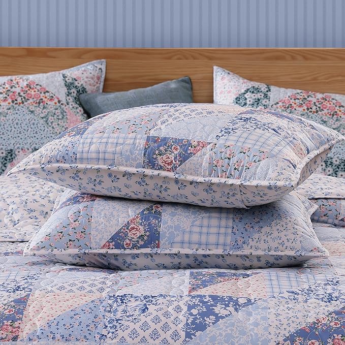Quilt Set Queen Size, Patchwork Blue Pink Marigold Floral Quilt Sets, Reversible Bedspread Lightweight and Breathable for All Seasons, Soft Quilted Bedspread with 2 Pillow Shams