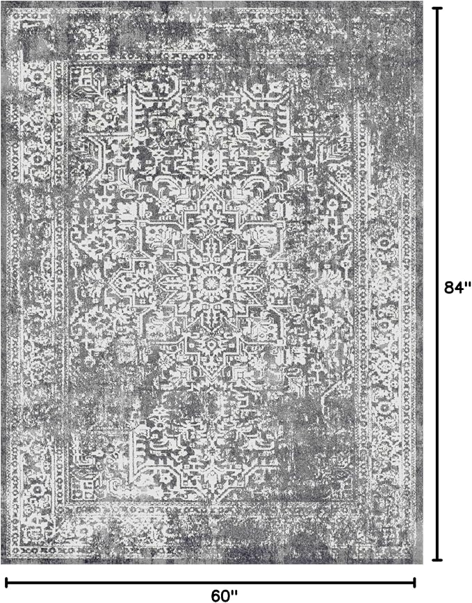 vivorug 5x7 Area Rugs, Stain Resistant Washable Rug for Living Room, Vintage-Inspired Grey Rug