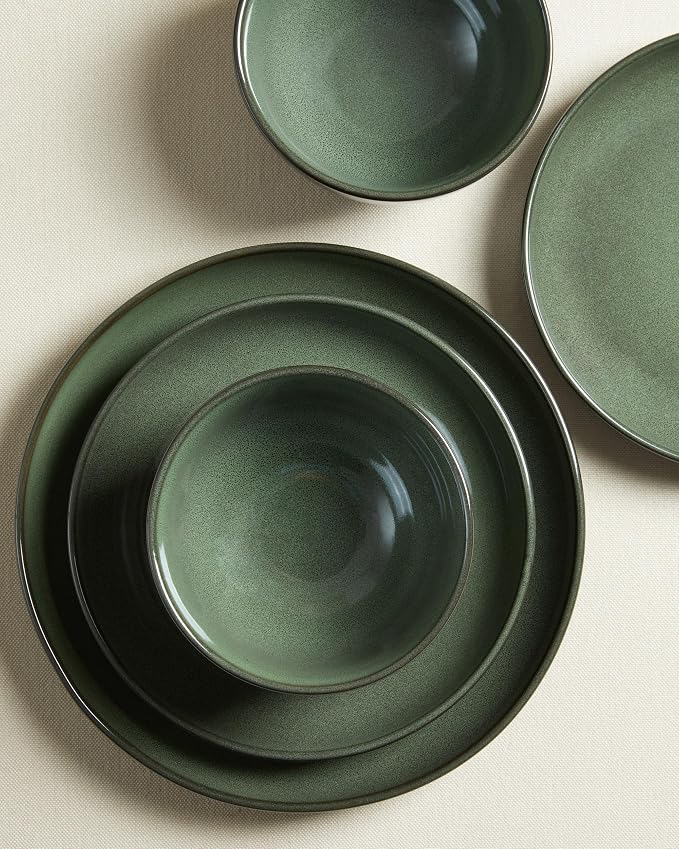 Pokini Stoneware Dinnerware Sets, Ceramic Plates and Bowls Set, Microwave & Dishwasher Safe Kitchen Dishes, Modern Dinner Salad Plates | Cereal Bowls, Dishware Sets Service for 4 Forest Green