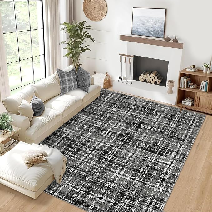 Large Area Rug - 10x13 Modern Black/Grey Plaid Rug for Bedroom, Living Room, Dining Room - Soft, Non-Slip, Low Pile, Stain Resistant Carpet