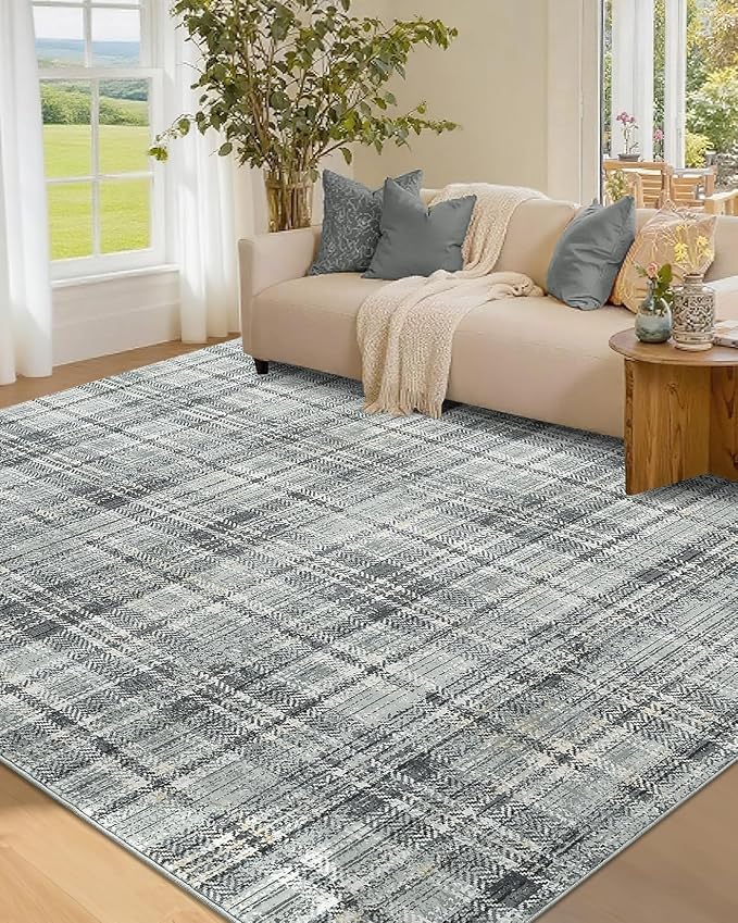Washable Rugs 5x7 Rug for Living Room Bedroom Rug Modern Plaid Area Rug Soft Carpet 5'x7' Greenish Grey