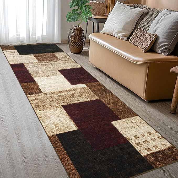 Modern Geometric Patchwork Indoor Runner Rug for Living Room, Red 2.7'x 10' Rug Rockwood Collection Hardwood Floors Decor for Bedroom, Burgundy Throw Carpet for Office Entryway Dining Room