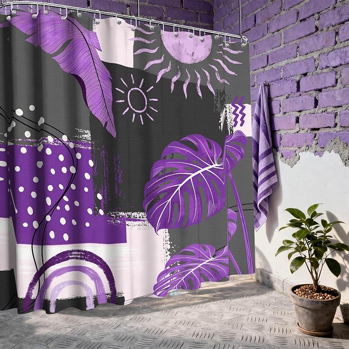 Extra Long Shower Curtain Extra Tall Purple and Gray Dark Purple and Grey XL Boho Shower Curtains for Large Bathroom Decor Sets, Waterproof Cloth Fabric with Hooks, 108x72 Inch