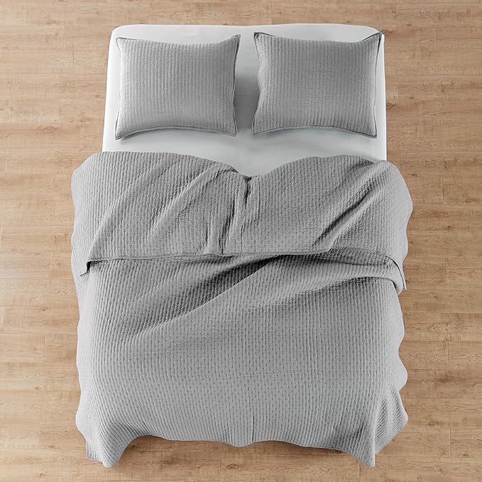 Levtex Home Cross Stitch Reversible Twin XL/Twin Quilt Set (68x86in) and 1 Pillow Sham (26x20in) - Stitch Texture - Light Grey - Cotton Twin/Twin Size Quilt Bedding Set - Lightweight Soft Pre-Washed