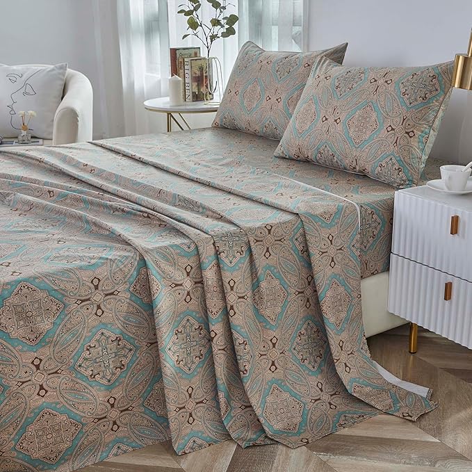 Brandream Boho Paisley Print Luxury Bedding Bohemian Damask Medallion King Size Sheet Set 800TC Egyptian Cotton Sateen Deep Pocket, 4 Piece, Taupe