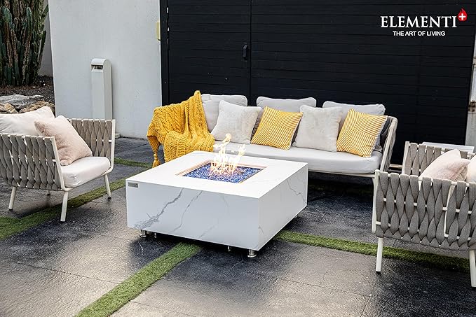 Elementi+ | Bianco Gas Fire Pit | Marble Porcelain & Metal Frame | 40" Square Fire Table | Electronic Ignition | Canvas Cover, Fire Glass & Burner Lid Included | White | Propane Gas