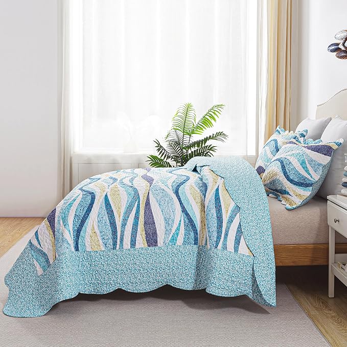 HoneiLife California King Quilt 120x120 - Beach Quilt 3 Pieces, Coastal Quilt Sets, Oversized King Bedspreads, Nautical Bedspreads Ocean Coverlets, Lightweight Bed Cover, Summer Quilts