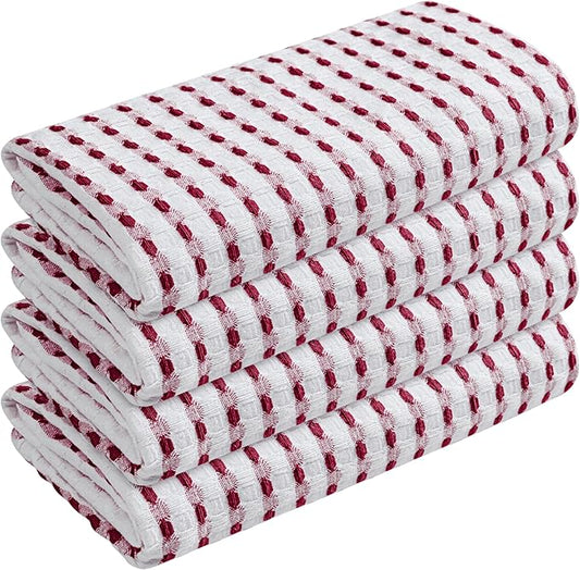 TWINY threads Waffle Weave Dish Towels Set of 4, Premium Cotton 16x26 Kitchen Hand Towel, Super Absorbent, Durable & Reusable Tea Towels for Home, Restaurants & Cafes, Burgundy Wine, White