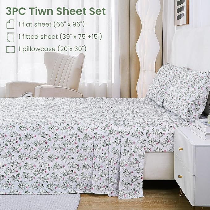 Softan Vintage Floral Twin Bed Sheets, Cozy Microfiber Flower Printed Sheets with 15" Deep Pocket Fitted Sheet & Non-Slip Straps, Patterned Botanical Wildflower Sheets & Pillowcase Set