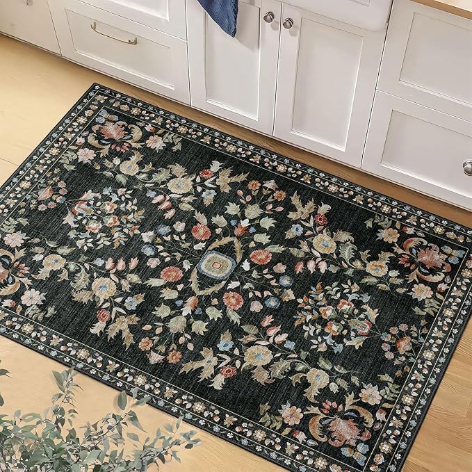 MUJOO Small Rug Washable,Black 2x3 Area Rugs for Entryway,Floral Front Door Mat Indoor Entrance Entry Way,Boho Kitchen Bathroom Floor Rug Throw Carpet Non Slip Low Pile Vintage