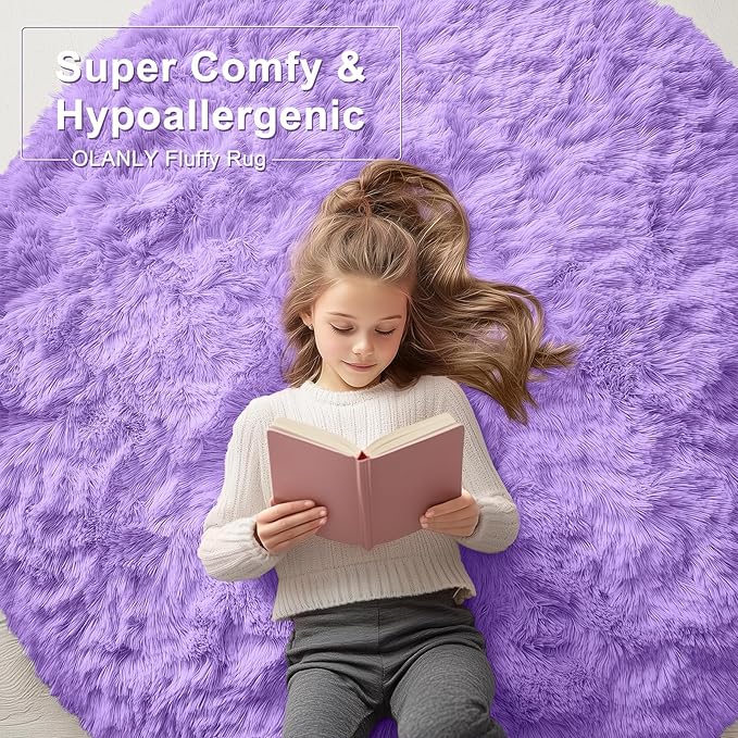 OLANLY Purple Round Rugs for Bedroom - Machine Washable, 8 ft Circle Area Rugs for Living Room, Soft and Fluffy Shaggy Carpet for Teen Girls and Boys, Nursery Rooms, Dorms, Home Decor Aesthetic
